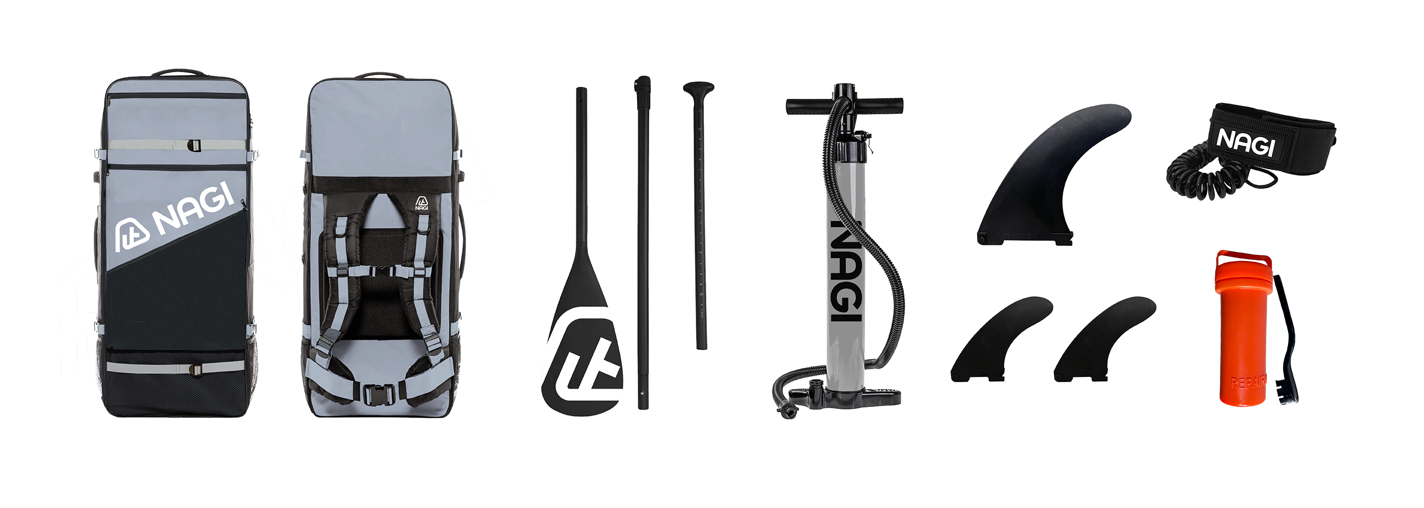 showcase all inflatable paddle board package accessories, backpack, 3-piece paddle, hand pump, fins, safety leash, and repair kits